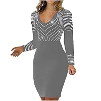 Women Dresses Womens Trendy Sexy Elegant V Neck Long Sleeve Sparkly Stretch Soft Party Cocktail Bodycon Pencil Dress