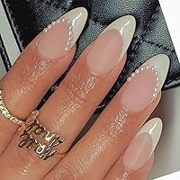 Press on Nails White Pearl Fake Nails Tips Almond Women's French False Nails White Medium Glossy Daily Wear Artificail Nails for Nail Art Manicure Decoration,24pcs
