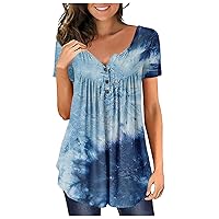 Going Out Tops for Women V Neck Button Down Pleated Short Sleeve T Shirts Fashion Henley Loose Fit Blouse