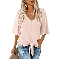 AWULIFFAN Women's Casual V Neck Batwing Sleeve Tops Tie Front Chiffon Blouses Button Down Shirts