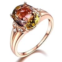 Unique Genuine Multi Colour Tourmaline Gemstone Solid 14k Rose Gold and Diamond Engagement Wedding Band Ring