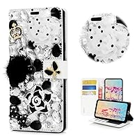STENES Bling Wallet Phone Case Compatible with Samsung Galaxy Note 10 - Stylish - 3D Handmade Camellia Flowers Crown Bowknot Leather Cover Case - Black&White