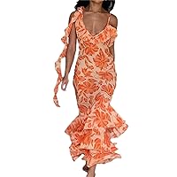 Women Sleeveless Dress V Neck Tiered Ruffle Long Mermaid Skirt Floral Sundress Slim Bodycon Maxi Dress