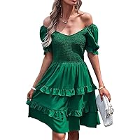 OUSIMEN Women's Dresses Casual Summer Puff Ruffle Hem Inside A Line Short Sleeve Mini Dress for Women Solid Green