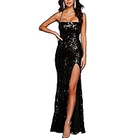 Women's Spaghetti Straps Prom Dresses with Slit 2024 Mermaid Glitter Sequin Prom Evening Gown