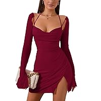 HTZMO Sexy Women's Halter Flounce Sleeves Ruched Mini Dress Sheer Mesh Side Split Cute Party Short Dresses