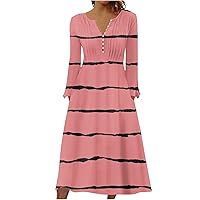 Women's Pleated Front Henley A-Line Dress Stripes Button V Neck Fall Casual Long Sleeve Maxi Dress with Pockets
