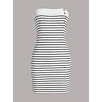 2023 Women's Dresses Button Front Striped Tube Dress Women's Dresses (Color : Black and White, Size : Large)