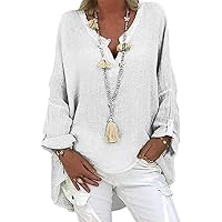Oversized Linen Shirts for Women Plus Size Long Sleeve Solid Tops Casual Loose Fit V Neck Tees 2024 Summer Fashion Blouse