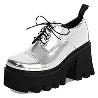 Women's Patent Leather Lug Sole Chunky Heel Oxford Shoes Vintage Fashion Square Toe Platform Lace Up Goth Shoes Work Business Casual Fashionable and Comfortable Women's Shoes