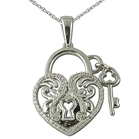 Natural Diamond Heart Lock & Key Pendant 0.20 ctw Sterling Silver. Included 18 inches Silver Chain