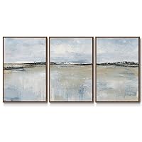 Renditions Gallery Abstract Wall Art Sky and Lake Watercolor Painting Modern Seascape Home Artwork 3 Pieces of Walnut Framed Canvas Prints Wall Decorations for Bathroom and Kitchen 24x36 Inch LS008