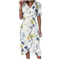 2023 Women's Wrap V Neck Ruffle Short Sleeve Floral Ruched Button Front Sheath Bodycon Cocktail Party Dress Clubwear