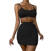 Womens Summer Dresses Ladies Spandex Dress Tank Top Two Piece Lace Up Pleated Package Hip Skirt Slim Dress