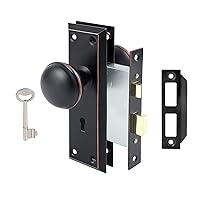 Mortise Lock Set for Interior Door, Vintage Antique Door Knobs with Lock and Skeleton Key, Old Door Knob Replacement Fits 1-3/8 in 1-3/4 in, Classic Oil Rubbed Bronze Finish