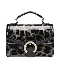 Women Glossy Patent Leather Leopard Print Flap Top Handle Handbag Shopper Shoulder Bag With Hourseshoe Shape Hardware