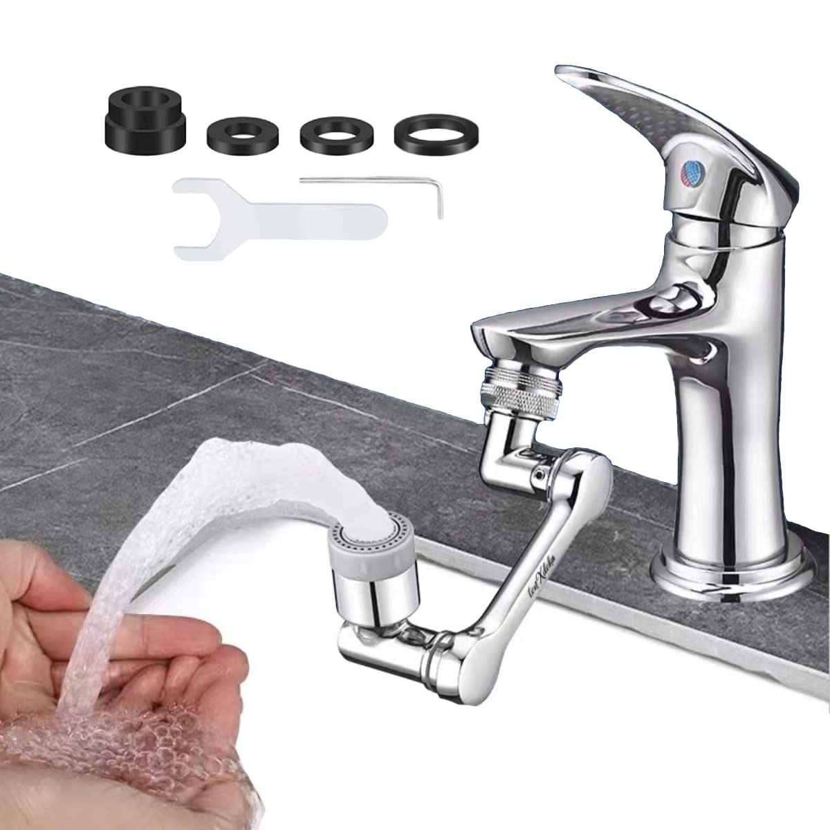 TENXDEKA Rotatable Faucet Extender - Swivel Faucet Aerator - Universal Connection - 1080 Faucet Attachment - Dual Function 2 Flow from Stream to Spray Head - Triple Thread Connector - Easy to Install
