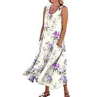 Sleeveless Dress for Women Bohemian Dress for Women 2024 Floral Print Casual Loose Fit Linen with Sleeveless U Neck Pockets Dresses Dark Purple Small