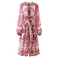 Vintage Print Chiffon Dresses for Women Long Sleeve Summer Dresses Elegant Sashes Bohemian Holiday Robes