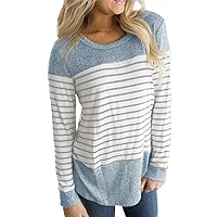Womens Long Sleeve Round Neck T Shirts Color Block Striped Causal Blouses Tops