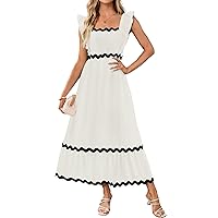 ZESICA Women's Summer Sleeveless Ruffle Dresses 2024 Square Neck Backless Boho Flowy Maxi Sundress with Pockets, White, Large