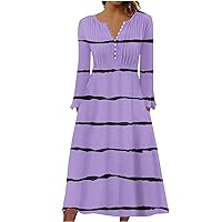 Women's Pleated Front Henley A-Line Dress Stripes Button V Neck Fall Casual Long Sleeve Maxi Dress with Pockets