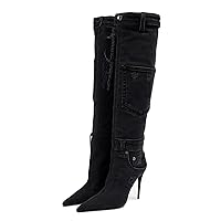 Vertundy Denim Knee High Boots For Women Pointed Toe Stiletto Heel Jeans Boot With Pockets Rivets Winter Riding Boots