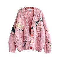 QUSHI Cute Cable Knit Open Front Cardigan Kawaii Long Sleeve Button Embroidered Sweater Coat Outwear Pink One Size