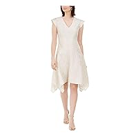 Natori Womens Ivory Zippered Floral Cap Sleeve V Neck Below The Knee Evening A-Line Dress 4