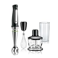 MQ7035X 3-in-1 Immersion Hand, Powerful 500W Stainless Steel Stick Blender Variable Speed + 2-Cup Food Processor, Whisk, Beaker, Faster, Finer Blending, MultiQuick
