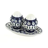 Blue Rose Polish Pottery Peacock Salt & Pepper Shakers With Plate