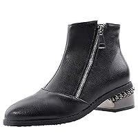 Womens Pointed-Toe Fashion Casual Side Zipper Western Ankle-booties Metal Chunky Heel