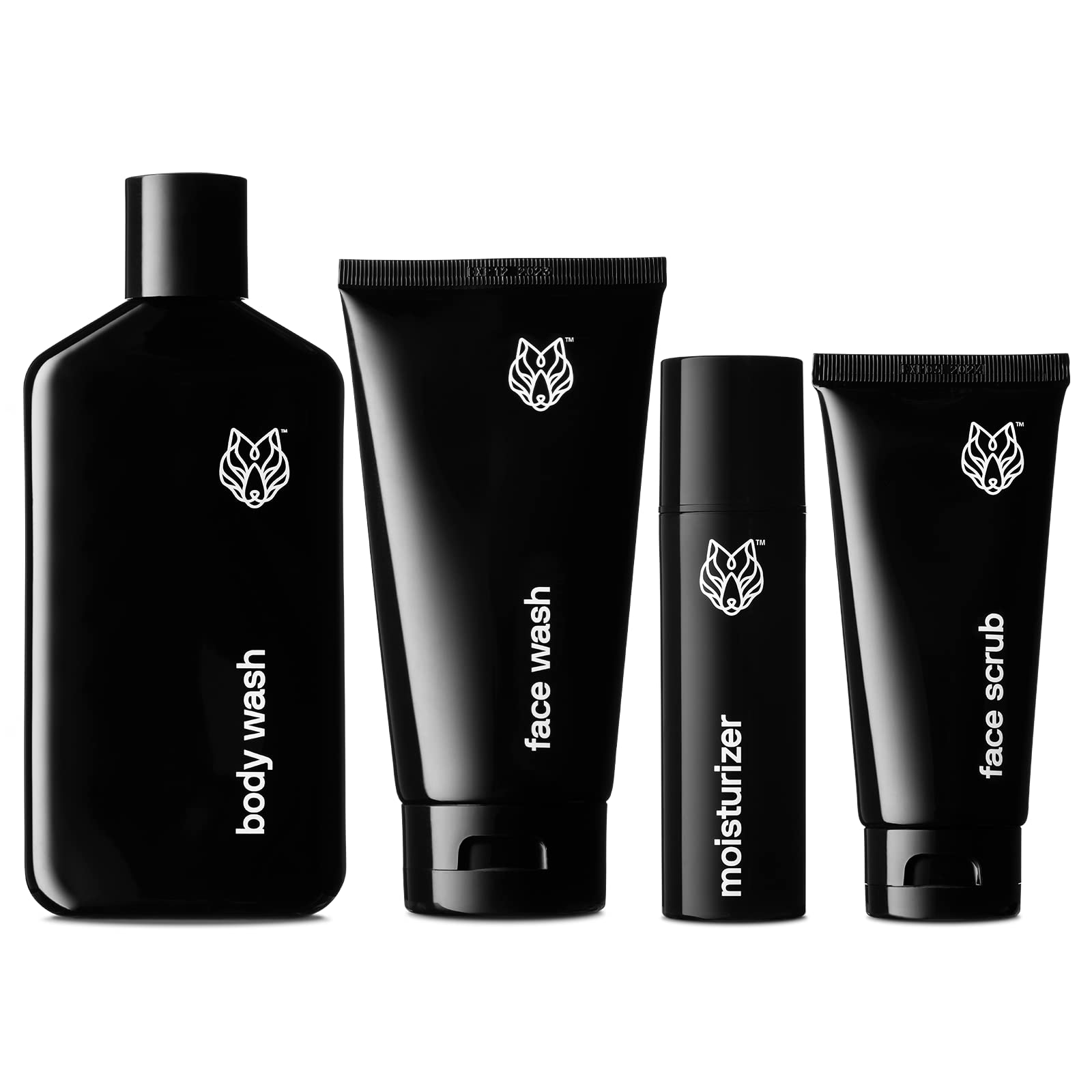 Black Wolf Shower Bundle for Oily Skin - 4pc Bundle- Includes Body Wash, Face Wash, Facial Scrub and Oil-Free Moisturize- Charcoal Powder and Salicylic Acid Reduce Acne Breakouts and Cleanse Your Skin