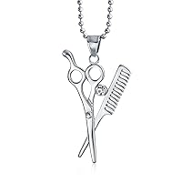 Bling Jewelry Unisex Fashion Whimsical Scissors Comb Pendant Necklace: Crystal Accent for Women Men Hairdresser Hair Stylist Silver-Tone Stainless Steel with Bead Chain
