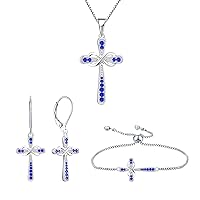 YL Women's Cross Pendant Necklace 925 Sterling Silver Infinity Drop Earrings Created Sapphire Bracelet Jewelry Set