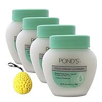 Pond's Cold Cream Makeup Remover 3.5 oz, Cold Cream Cleanser with Bonus Bath Sponge, Pond's Cold Cream Gentle Facial Cleanser, Moisturizing Hydrating Skincare for Soft Radiant [Pack of 4]