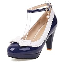 Women Cone Heel Pumps, High Heel Pumps Round Toe Buckle Party Shoes with Platform Ankle Strap Two Toned Elegant, Size 2-13.5