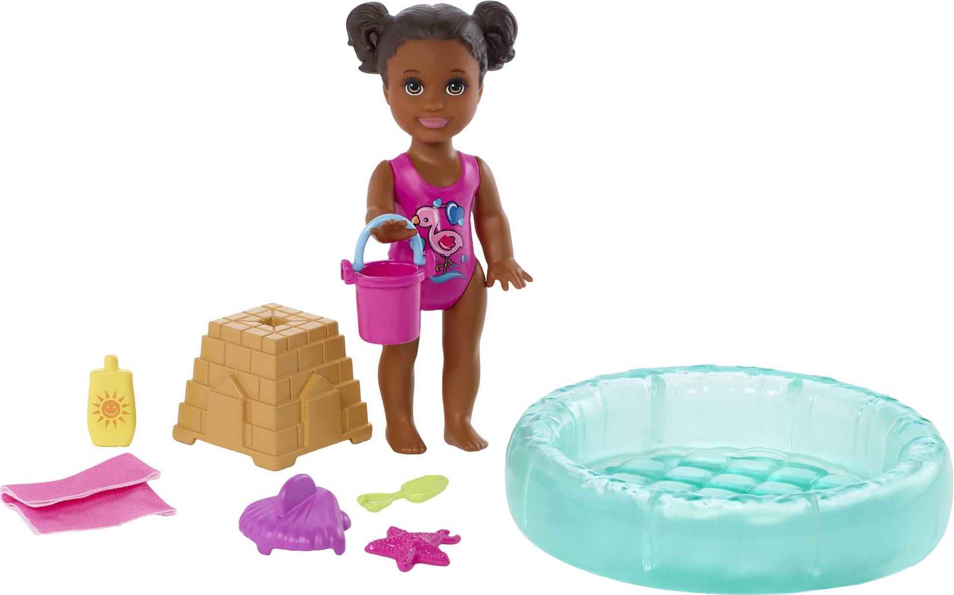Barbie Skipper Babysitters Inc Small Doll & Accessories Playset with Brunette Doll, Swimming Pool & Water-Themed Pieces