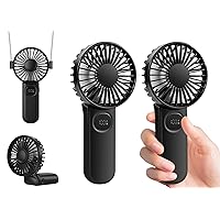 [2-pack Portable Handheld Fan] Personal Hand Held Fan for Travel, Foldable Eyelash Neck Fan with Digital Display, Lanyard, 5 Speeds, 180° Adjustable, 3-12h Working Time, Rechargeable Battery Operated