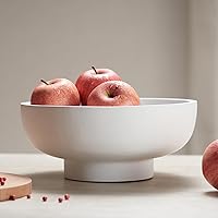 XL 12 Inch Natural Wood White Pedestal Bowl, White Fruit Bowl for Kitchen Counter, Fruit Bowls