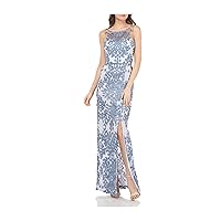 Womens Light Blue Slitted Sleeveless Illusion Neckline Full-Length Evening Body Con Dress 2