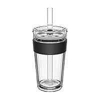 KeepCup Longplay Cold Cup - Double wall Glass Ice Coffee Tumbler with Lid and Straw - 16oz (454ml) - Black