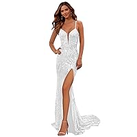 Sparkly Prom Dresses with Slit White Spaghetti Straps Sequin Mermaid Evening Gowns for Women Formal Size 0