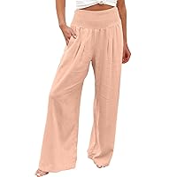 ZunFeo Womens Wide Leg Summer Linen Pants Pleated Waist Palazzo Pants Loose Fit Stretch Casual Summer Resort Clothing 2023