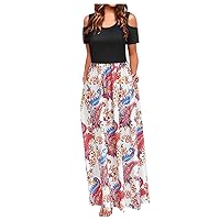 Women's Casual Dress Cold Shoulder Flower Printed Long Dress Pleated with Pocket Short Sleeve Summer Sundress Daily Wear Streetwear(5-Red,2) 1122