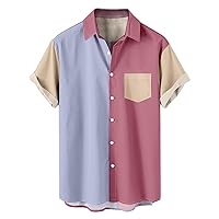 Men's Colorblock Hawaiian Shirts Casual Button Down Beach Tee Shirt Turndown Collar Tops Stylish Summer T-Shirt