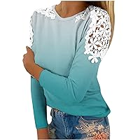 Womens Tunic Tops Long Sleeve T Shirt Crew Neck Plus Size Shirts Loose Fit Lace Crochet T-Shirt Hollow O Neck Blouses Blue