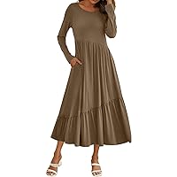 Pink Womens Dress,Women's Big Size Long Sleeve Dress Loose Plain Casual Summer Flowing with Pockets Spaghetti S