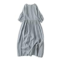 Women Cotton Linen Dress Loose Vintage Dress Casual Summer Dress Crewneck Short Sleeve Pleated Midi Dresses Long Robes