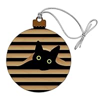 Black Cat in Window Wood Christmas Tree Holiday Ornament
